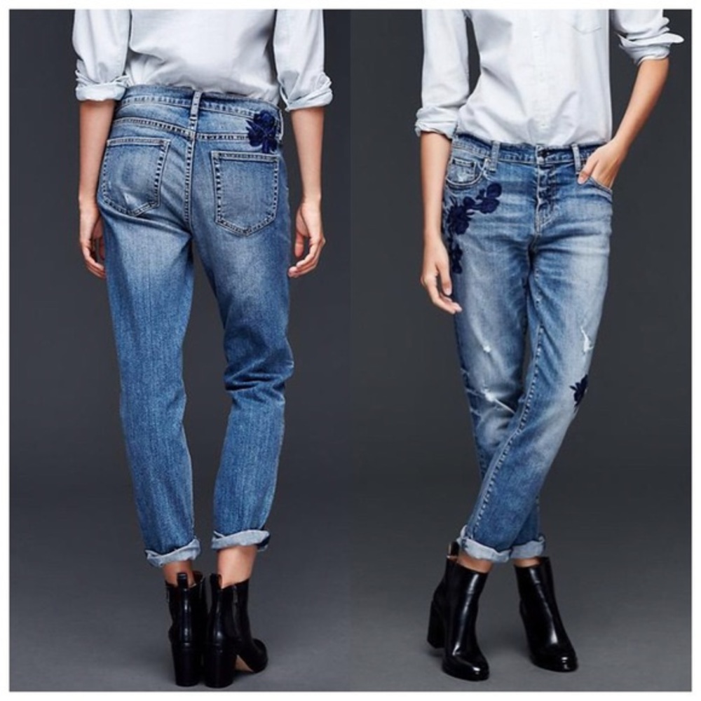 Embroidered floral distressed GAP boyfriend jeans